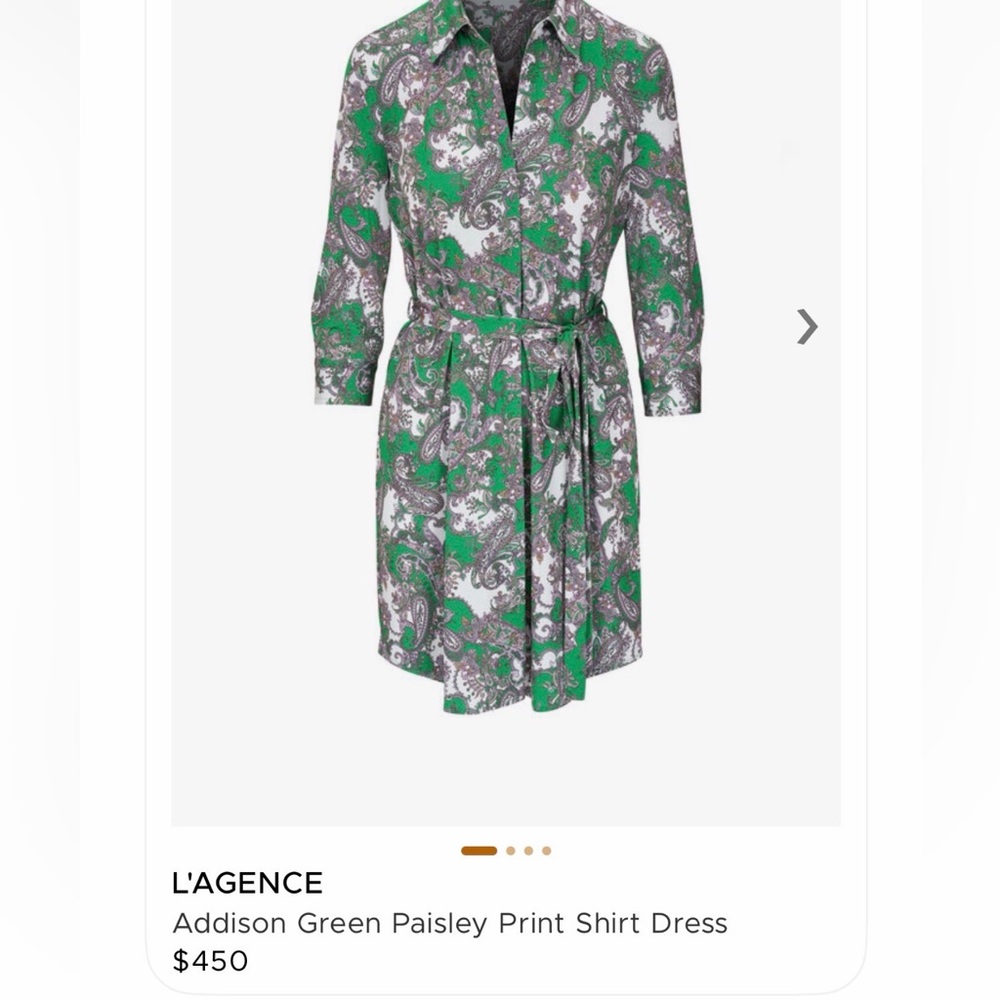 L'AGENCE Green and White Paisley Long-Sleeve Shirt Dress